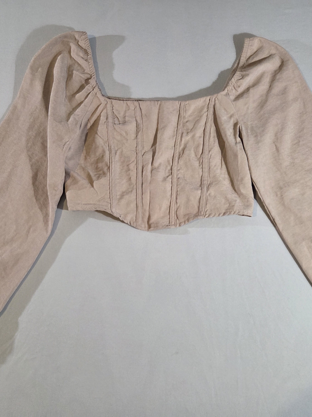 Square-Neck Long Sleeve Crop Top in Neutral Tan